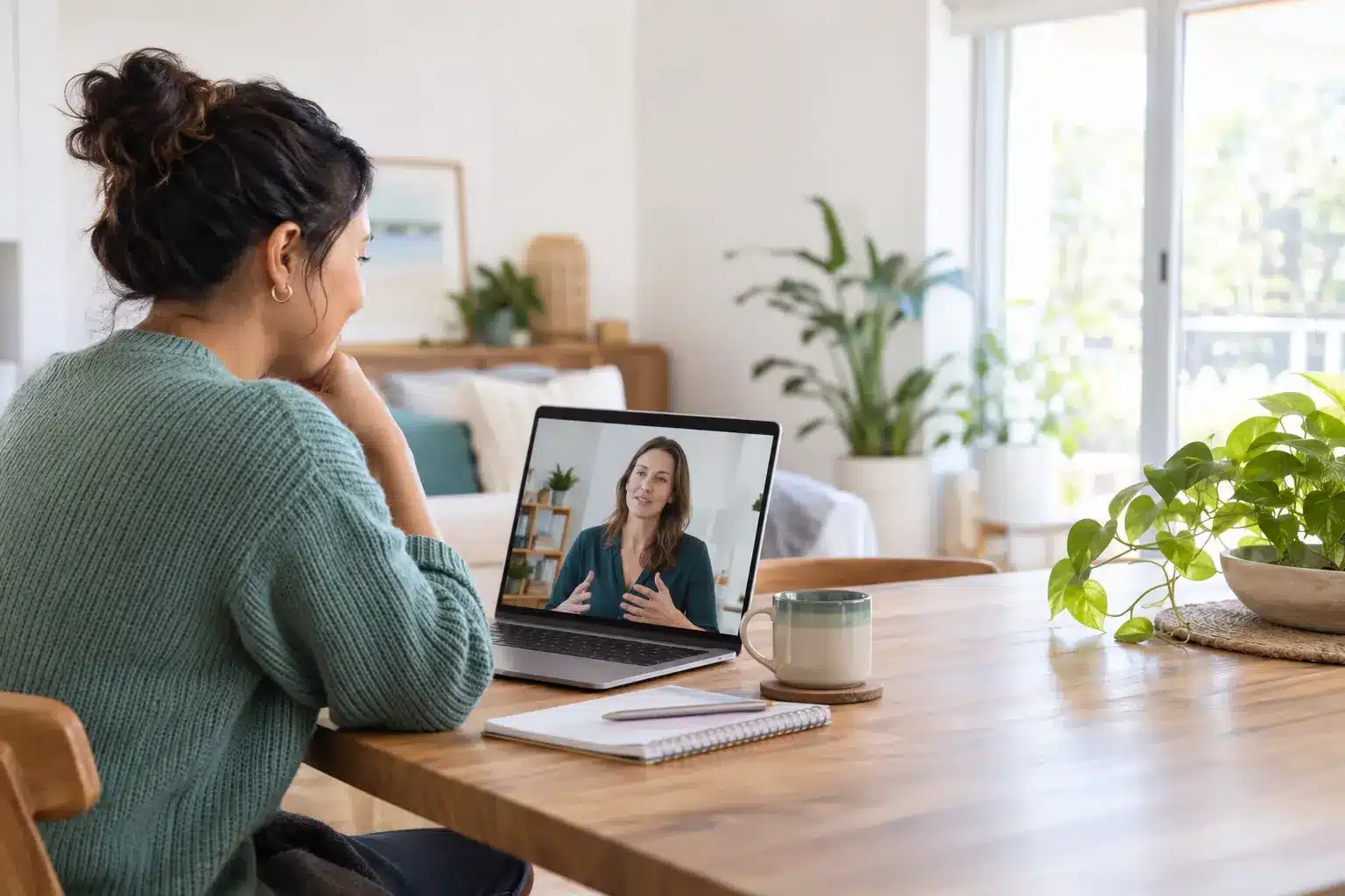 A person participating in an allied health telehealth appointment at home
