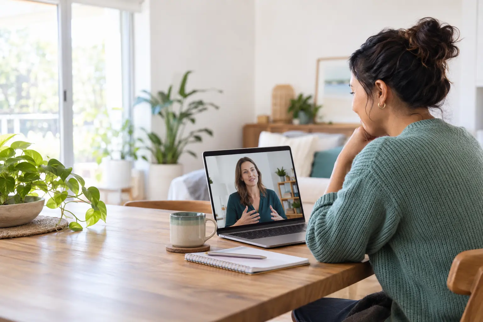 A person participating in an allied health telehealth appointment at home